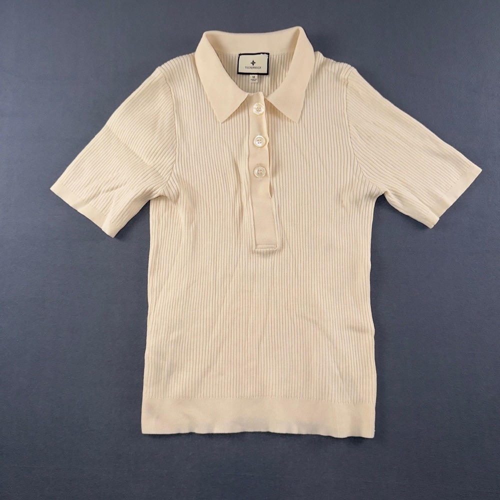 Tuckernuck Ivory Olivia Rib Knit Polo Short Sleeve Top Cream Y24274T Sz M
